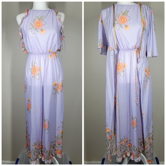 Vintage 70s Peignoir Set Purple Floral Maxi Dress Robe Semi Sheer Polyester S